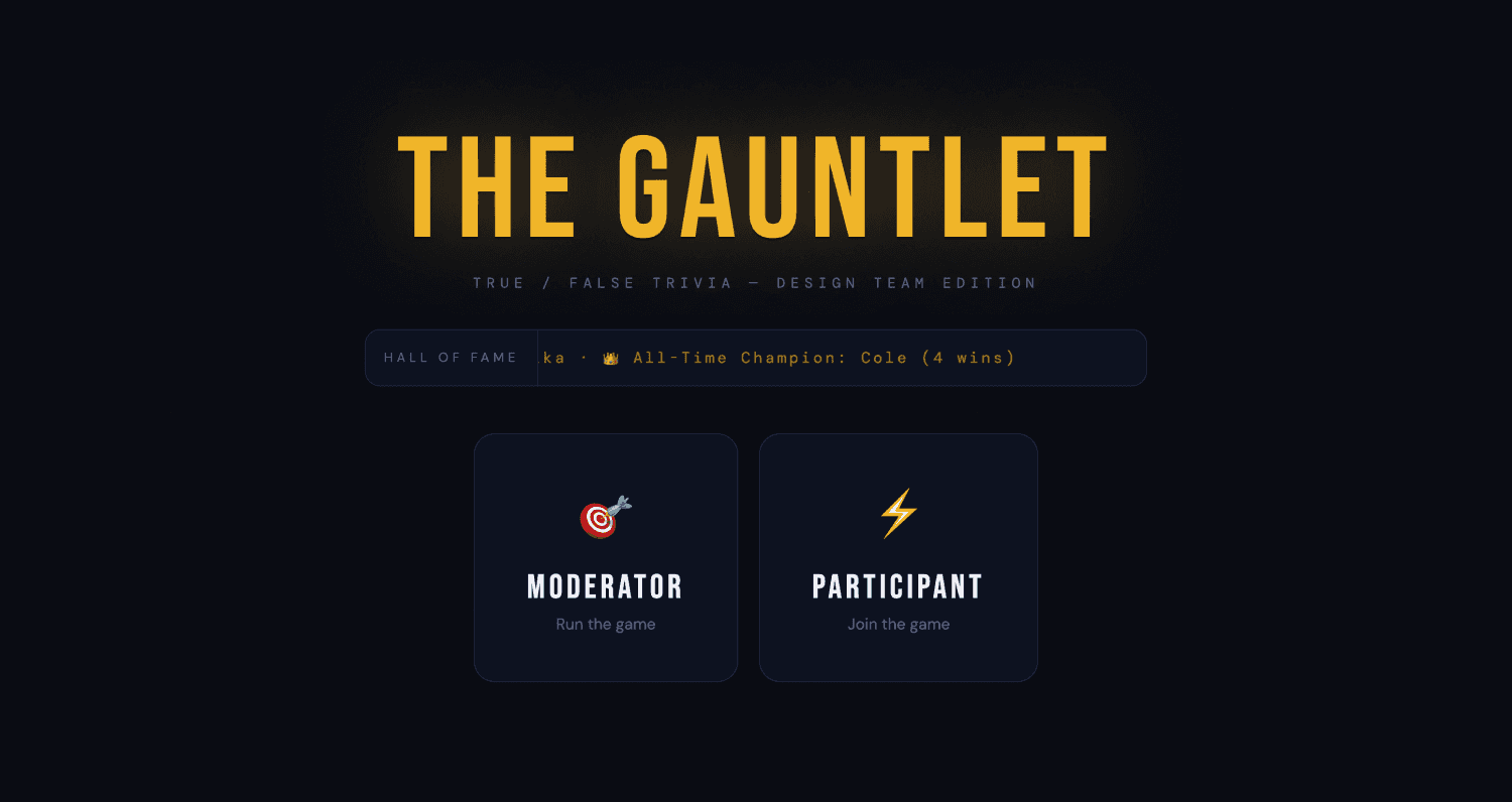 The Gauntlet trivia app start screen