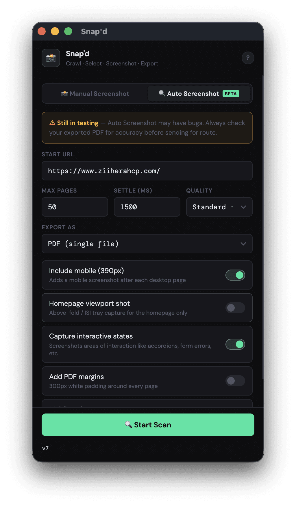Snap'd auto screenshot mode set up to scan ziiherahcp.com