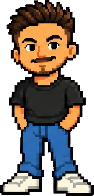 8-bit illustration of Peter in a black t-shirt, jeans and white sneakers